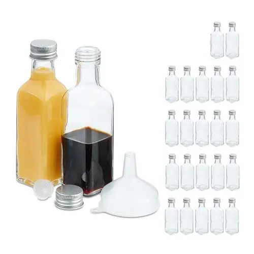 Produktbild: Relaxdays kleine Flaschen, 24er Set, 100 ml, Glasflaschen zum Befüllen, Schraubverschluss & Korken, transparent/silber