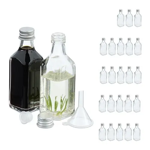 Produktbild: Relaxdays kleine Flaschen, 25er Set, 50 ml, Glasflaschen zum Befüllen, Schraubverschluss & Korken, transparent/silber