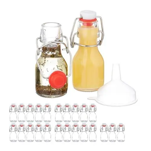 Produktbild: Relaxdays kleine Flaschen, 25er Set, 50 ml, Glasflaschen zum Befüllen, für Liköre & Öle, Bügelverschluss, transparent