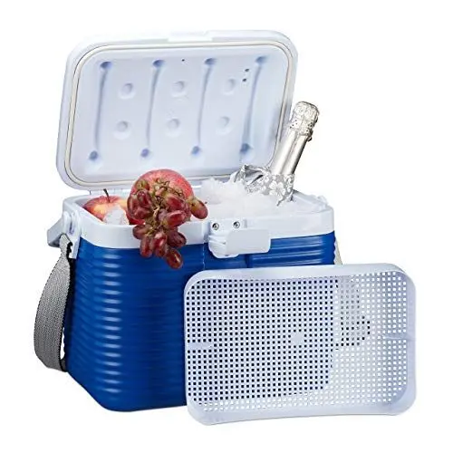 Produktbild: Relaxdays kleine Kühlbox, mit Griff, Tragegurt, Kunststoff Kühltasche, ohne Strom, 8 l, HBT 23,5 x 31 x 21 cm, weiß-blau