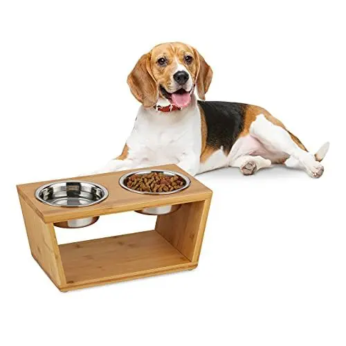 Produktbild: Relaxdays, natur Doppelnapf mit 2 Edelstahl-Schalen, mittelgroße Hunde, für Wasser & Futter, erhöht, HxBxT 18,5x40x21 cm, 1 Stück, ('silber')