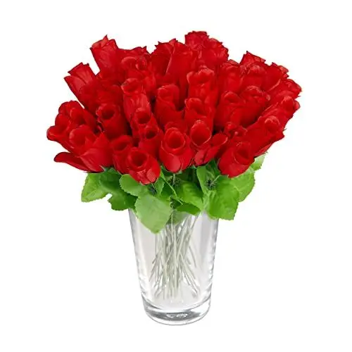 Produktbild: Relaxdays rot, Kunstrosen, Kunstblumen, künstliche Dekoblumen, 48 Stück mit Stiel und Blättern, Köpfe, H: 26 cm, red, 48er Pack