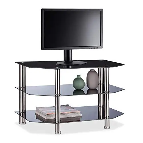 Produktbild: Relaxdays, schwarz/Silber Fernsehtisch Schwarzglas, 3 gehärtete Glasablagen, gummierte Standfüße, Edelstahl, 49x80x45cm, Standard