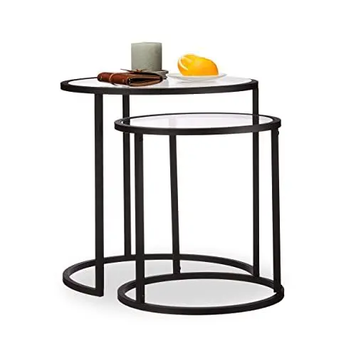 Produktbild: Relaxdays Beistelltische 2er Set, Satztisch, Sofatisch, mit Glasplatte, untereinander passend, HBT 50,5x50x50cm, schwarz