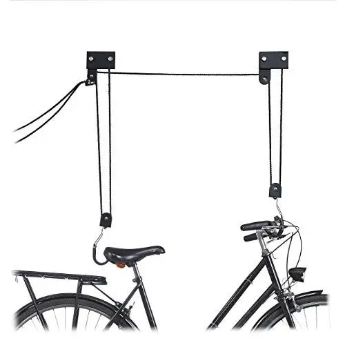 Produktbild: Relaxdays, schwarz Fahrrad Deckenlift, 45 kg Traglast, mit Haken, universal, mit Seilbremse, Seilzug, Kajak, Fahrradlift, One Size