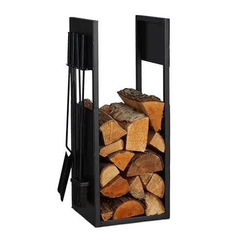 Produktbild: Relaxdays, schwarz Kaminholzregal mit Besteck, Metall, HBT: 76,5x36x30 cm, Brennholzregal innen, Holzscheite & Brennholz, Eisen, Aluminium, Jute