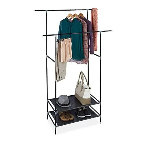 Produktbild: Relaxdays, schwarz Kleiderständer, Metall & Stoff, 2 Kleiderstangen, 2 Ablagen, Doppelkleiderständer, HBT: 172x110x43cm, Eisen, Vliesstoff, 172 x 110 x 43 cm