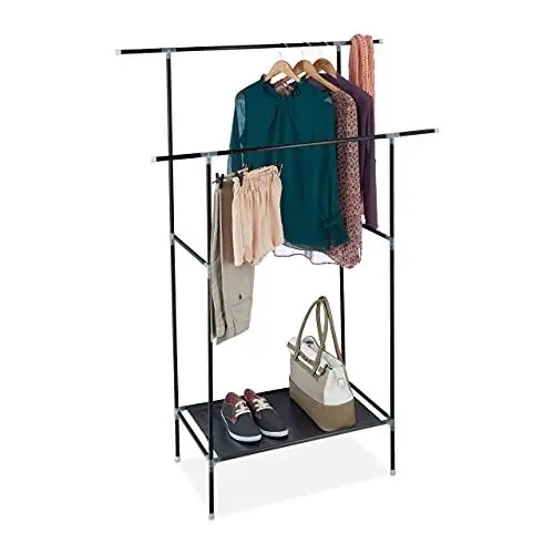 Produktbild: Relaxdays, schwarz Kleiderständer, Metall & Stoff, 2 Kleiderstangen, mit Ablage, Doppelkleiderständer, HBT: 162x110x43cm, Eisen, 162 x 110 x 43 cm