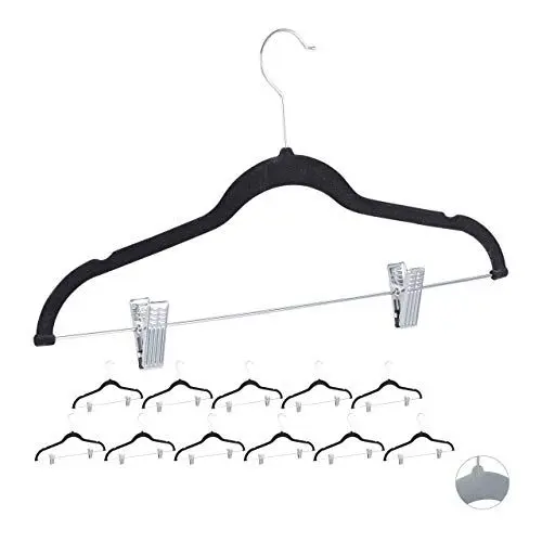 Produktbild: Relaxdays, schwarz Samtbügel mit Clips 12er Set, 360° drehbarer Haken, Hosenbügel, rutschfeste Hemdenbügel, 43 cm breit, Metall, Samt, 10024379_46