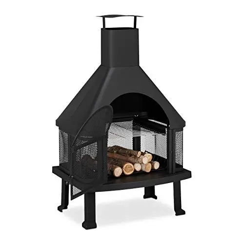 Produktbild: Relaxdays, schwarz Terrassenofen mit Grill, Feuerstelle mit Funkenschutz, Schürhaken, massiv, Stahl, 110 x 63 x 51 cm 10026555