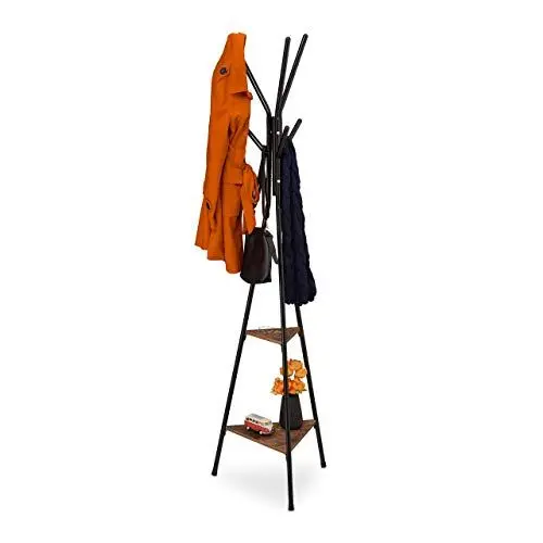 Produktbild: Relaxdays Garderobenständer Industrial, HBT 181,5 x 50 x 43 cm, Jackenständer mit 2 Ablagen, Metall & MDF, schwarz/braun