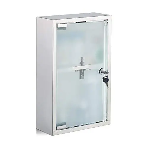 Produktbild: Relaxdays, silber Medizinschrank Edelstahl, Glastür, 2 Fächer, abschließbar, Arzneischrank, glänzend, HBT: 40x25x11cm