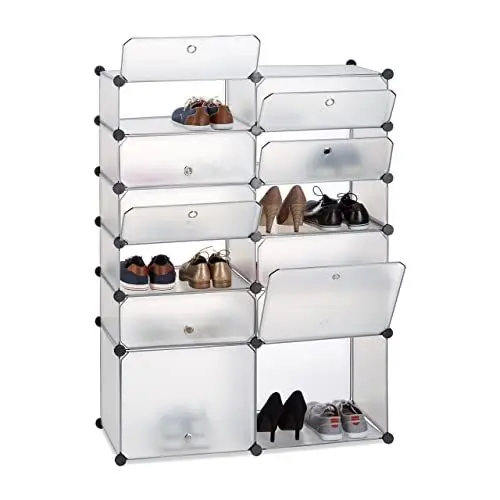 Produktbild: Relaxdays, transparent Schuhregal Kunststoff, Regalsystem 12 Fächer, XXL Steckregal, mit Türen, HxBxT: 125 x 94 x 37 cm, System, 10024523_50, Schuhregal-System mit 12 Fächer