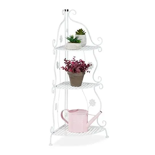 Produktbild: Relaxdays, weiß Blumenregal Metall, 3-stufiges Pflanzenregal, HxBxT: 82,5 x 31 x 31 cm, innen & außen, Retro Eckregal, Eisen