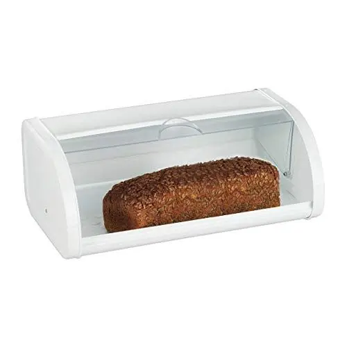 Produktbild: Relaxdays, weiß Brotkasten, Brot frisch halten, transparenter Rolldeckel, XL Family Größe, aus Stahl, leicht zu reinigen, 25 x 45 x 17,5 cm
