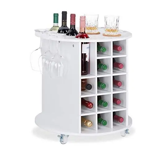 Produktbild: Relaxdays, weiß Weinregal auf 360° drehbaren Rollen, 6 Glashalter, Weinaufbewahrung für 17 Flaschen, rund, HxD: 56x54cm