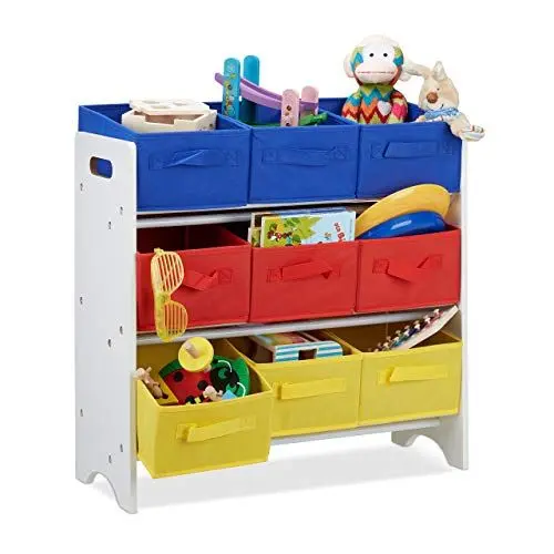 Produktbild: Relaxdays, weiß/bunt Kinderregal mit Boxen, 9 Faltbare Körbe mit Henkeln, Metallrohre, Spielzeug, MDF, HxBxT: 62x63x28cm, Eisen, Standard