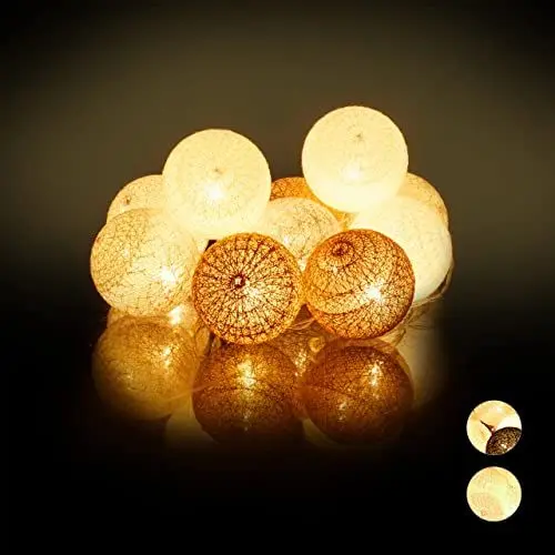 Produktbild: Relaxdays, weiß-grau-braun LED Lichterkette mit 10 Baumwollkugeln, batteriebetrieben, Stimmungslichter, Kugeln 6 cm Ø, PS, Baumwolle