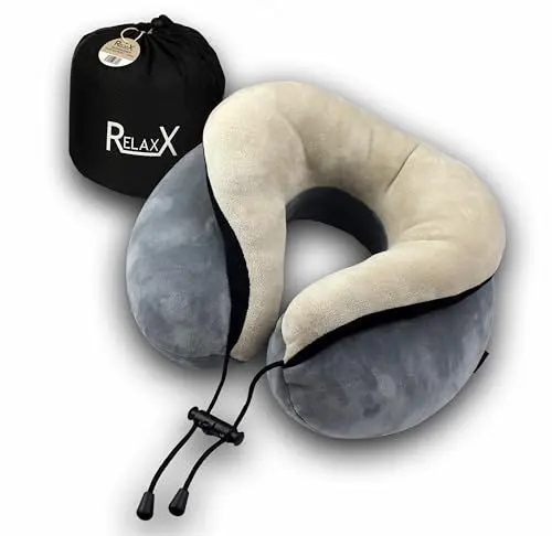 Produktbild: RELAXX Premium Komfort Nackenkissen für Flugzeug Auto Bus Bahn - Memory Foam Reisekissen - Nackenhörnchen für Erwachsene - Travel Pillow Nackenstützkissen - Reise Gadgets - Perfekter Reisebegleiter