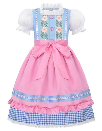 Produktbild: ReliBeauty Dirndl Mädchen Kinder 2-in-1 Set Midi mit Schürze blau pink,130
