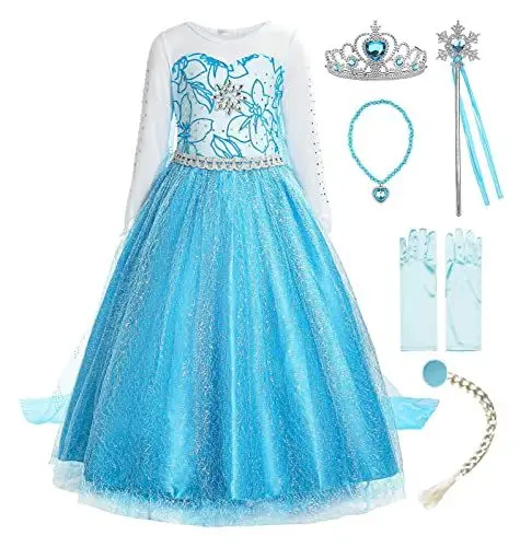 Produktbild: ReliBeauty Mädchen Prinzessin Schneeflocke Süßer Ausschnitt Kleid Kostüme, Blau(mit Zubehör),7-8Jahren/122-128cm(Etikett140)