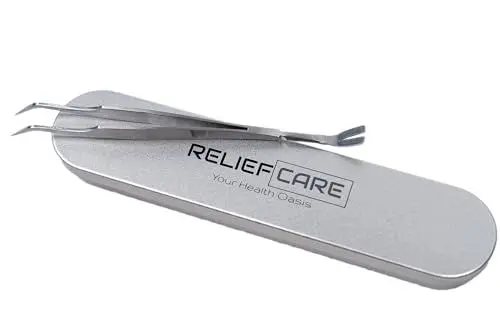 Produktbild: RELIEFCARE Zeckenzange 2 in 1, Zeckenpinzette für Menschen, Hunde, Katzen und Pferde, Rostfreier Edelstahl, inkl. Metallbox, Idealer Zeckenentferner für Menschen, Kinder, Haustiere und Pferde