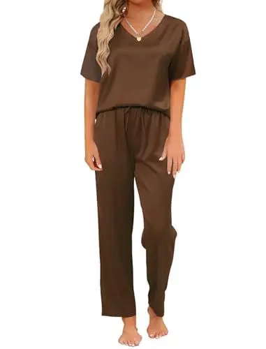 Produktbild: Reliwel Pyjama Damen Satin Schlafanzug Damen Lang Zweiteiler Hausanzug Kurzarm Top & Lang Schlafanzughosen V-Ausschnitt Pyjama Set Nachtwäsche Weich Pj Sets für Frühling Sommer