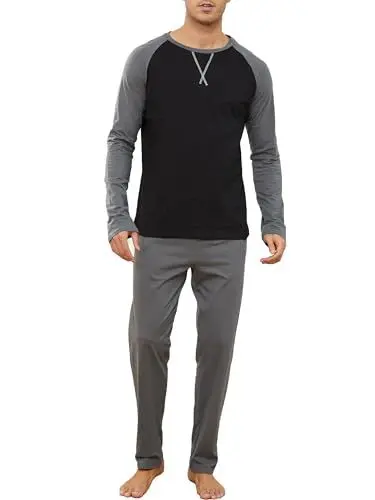 Produktbild: Reliwel Schlafanzug Herren Lang Baumwolle Pyjama Herren Zweiteiliges Set Raglan Langarm Shirt & Schlafanzughose mit Tasche Nachtwäsche Männer Hausanzug Sleepwear