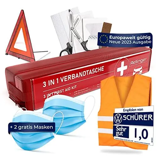 Produktbild: Rellinger® (3 in 1) Verbandskasten Auto 2024 für HU geprüft (EUROPAWEIT GÜLTIG) - inkl. 2x Gesichtsmasken + Warnweste & Warndreieck & Verbandsmaterial - Erste Hilfe Set Auto (DIN 13164 ZERTIFIZIERT)