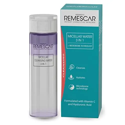 Produktbild: Remescar Mizellenwasser 200ml – 3-in-1 Make-up Entferner & Gesichtsreiniger – Sanfte Reinigung mit Vitamin C & Hyaluronsäure für strahlende Haut – Entfernt Schmutz, Unreinheiten & wasserfestes Make-up