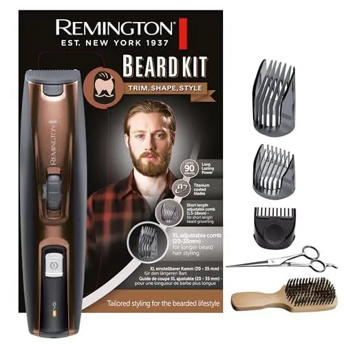 Produktbild: Remington Barttrimmer Herren (inkl XL-langer Vollbart Aufsatz/0,4mm-35mm/Titan selbstschärf. Klingen) Bartschneider Set (3 Aufsteckkämme:Stoppel/kurz/XL, Netz-/Akkubetrieb, Langhaarschneider) MB4046