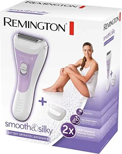 Produktbild: Remington Damenrasierer smooth&silky WSF5060, Bikini Trimmaufsatz, batteriebetrieben, 2-seitiger Intercept-Trimmer, feuchtigkeitsspendender Aloe Vera Streifen, Nass- und Trockenrasierer, weiß/lila
