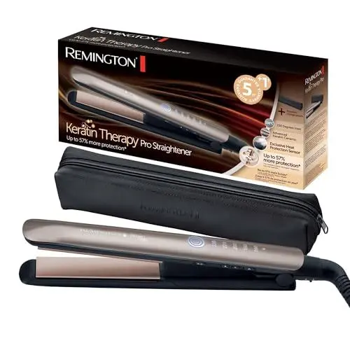 Produktbild: Remington Glätteisen Profi (Hitzeschutzsensor um Haarschäden zu verringern) Keratin Protect (hochwertige Keratin-Keramikbeschichtung mit Mandelöl) Digitales Display, 160-230°C, Haarglätter S8593
