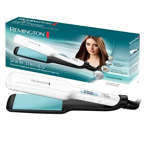 Produktbild: Remington Glätteisen breit Shine Therapy (hochwertige Keramikbeschichtung angereichert mit Mikrowirkstoffe für mehr Glanz -marokkanisches Arganöl & Vitamin E) LCD-Display, 150-230°C, Haarglätter S8550