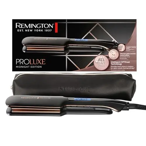 Produktbild: Remington Glätteisen (extra breite Keramikstylingplatten 110 x 50mm) Proluxe (OPTIheat Technologie, Pro+Einstellung für schonendes Styling, digitales Display, schnellaufheizend) Haarglätter S9150B