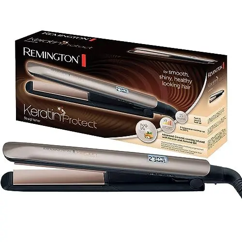Produktbild: Remington Glätteisen (hochwertige Beschichtung) Keratin (Keramikbeschichtung mit Keratin & Mandelöl angereichert) LCD-Display, 10 Temperatureinstellungen 150-230°C, Haarglätter S8540,Schwarz, 110 mm
