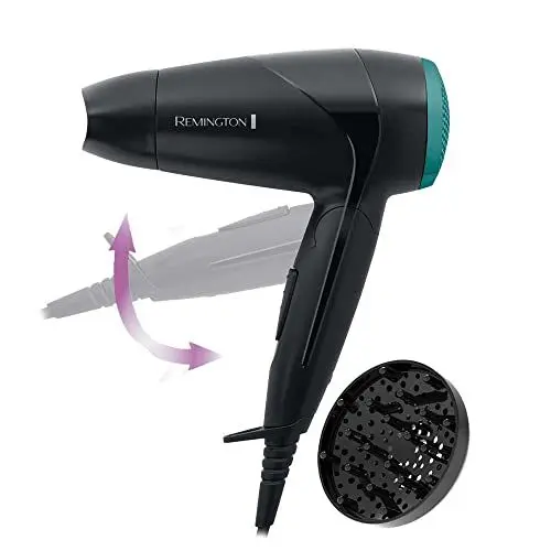 Produktbild: Remington Haartrockner (klein & klappbar & leistungsstark) On The Go (2000 W, weltweite Spannungsanpassung 120/220-240V, Stylingdüse & Diffusor, 2 Kombi-Heiz- & Gebläsestufen) Reisehaartrockner D1500