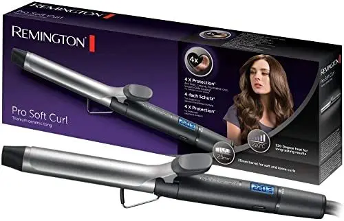 Produktbild: Remington Lockenstab (25mm) Pro Soft Curl Digital (4-facher Schutz, antistatische Keramik-Turmalin-Beschichtung) -LCD-Display 130-220°C, mit Klemme, weiche mittelgroße & natürliche Locken, CI6525