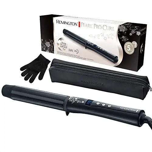 Produktbild: Remington Lockenstab große Locken (32mm) Pearl Digital (Keramikbeschichtung mit echten Perlen) LCD-Display 130-210°C, inkl. Hitzehandschuh, sanfte Wellen feines bis kräftiges Haar, Schwarz, CI9533