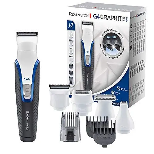 Produktbild: Remington Bartschneider (Multifunktional für Haare, Gesicht & Körper) Graphit Serie G4 (Graphitklingen, Präzision, 4 austauschbare Köpfe, verstellbare Aufsteckkämme 0,5 – 20 mm, Netz/ohne Kabel 90
