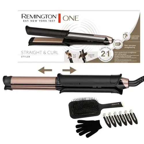 Produktbild: Remington ONE Glätteisen & Lockenstab (2in1 Multistyler) Glätt-/Lockenmodus mit zuschaltbarer beheizter Außenfläche (inkl. Bürste, Klammern, Handschuh, 150-230° digitales Display) Haarglätter S6078