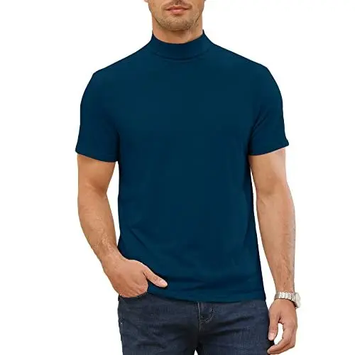 Produktbild: Remxi Herren T-Shirts High Neck Kurzarm Thermo Unterwäsche Einfarbig Elastische Oberteile, Mens Casual Basic Tops, Dunkel Blau 3XL