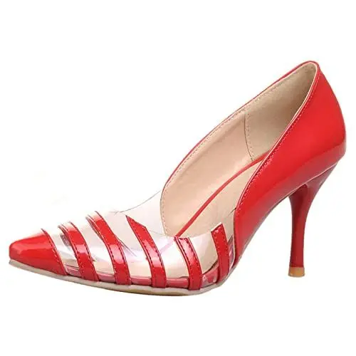 Produktbild: Renessmi Lack Stilettos Damen Pointed Toe Pumps Ohne Verschluss Transparent Mode Hochzeit Formal Pump Footwear Rot Gr 31 EU