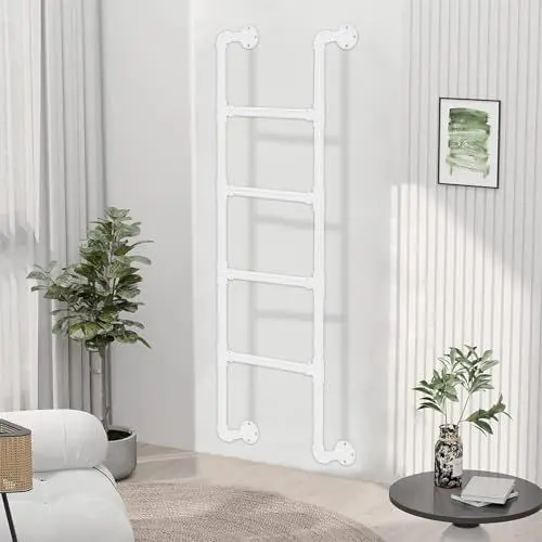 Produktbild: Renmlion Robuste Notausstiegsleiter für Fensterschacht – 100–300cm wandmontierte Trittleiter aus Metall für Kletterleitern im Dachboden, Notausstiegsleitern aus Metalleisenrohr – Weiß(100cm/39in)