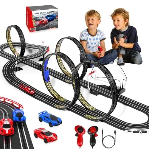 Produktbild: Rennstrecken Elektrische Slot Car Rennbahn Set für Kinder Jungen Alter 6 7 8-12, Batterie Elektrisch Betriebene Rennstrecke für Kinder 6-7, Racing Game 2 Hochgeschwindigkeits-Rennwagen 1:64 Maßstab