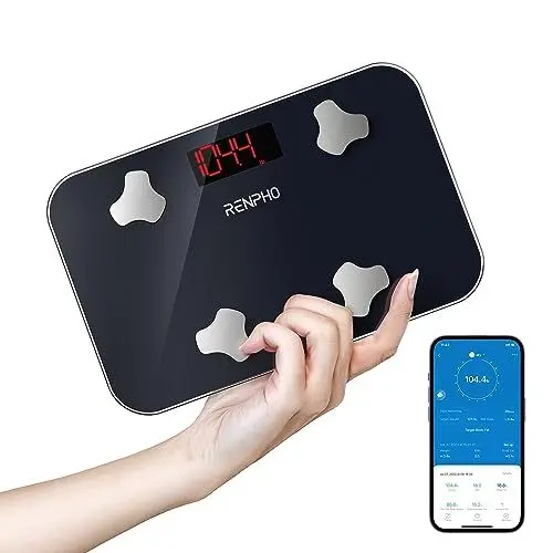 Produktbild: RENPHO Personenwaage Digital, Mini Waage mit Körperfett und Muskelmasse, Tragbare Körperfettwaage Synchronisierbar mit Apps, Höchstmaß 180kg, 28 X 18CM