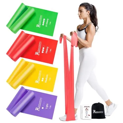 Produktbild: RENRANRING 4er Fitnessbänder, 1.5m Gymnastikband mit 4 Widerstandsstufen, Fitnessband mit Tragasche & Übungsanleitung,ideal für Yoga, Pilates Physiotherapie Crossfit, Muskelaufbau