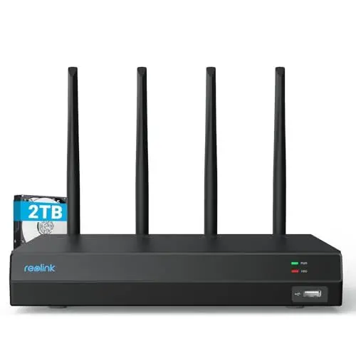 Produktbild: Reolink 4K 12CH WLAN NVR mit Wi-Fi 6, Integrierte 2TB HDD, 2,4/5GHz WiFi, Für Reolink WLAN-&Akku-Kameras(außer 4G Kameras), Keine PoE-Ports, Überwachungssystem, 24/7 Aufzeichnung, RLN12W(Schwarz)