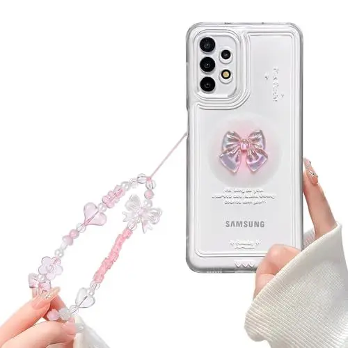 Produktbild: Reownest Kompatibel mit Samsung Galaxy A13 4G Hülle Cute 3D Rosa Schleife Transparent Aesthetic Süßes Design Handyhülle Frauen Mädchen Kamera Objektiv Schutzhülle + Glitter Bow Crystal Kette