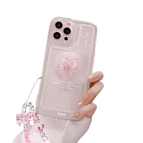 Produktbild: Reownest Kompatibel mit iPhone 16 Pro Max Hülle Cute 3D Rosa Schleife Transparent Aesthetic Süßes Design Handyhülle Frauen Mädchen Teen Girls Kamera Objektiv Schutzhülle + Glitter Bow Crystal Kette